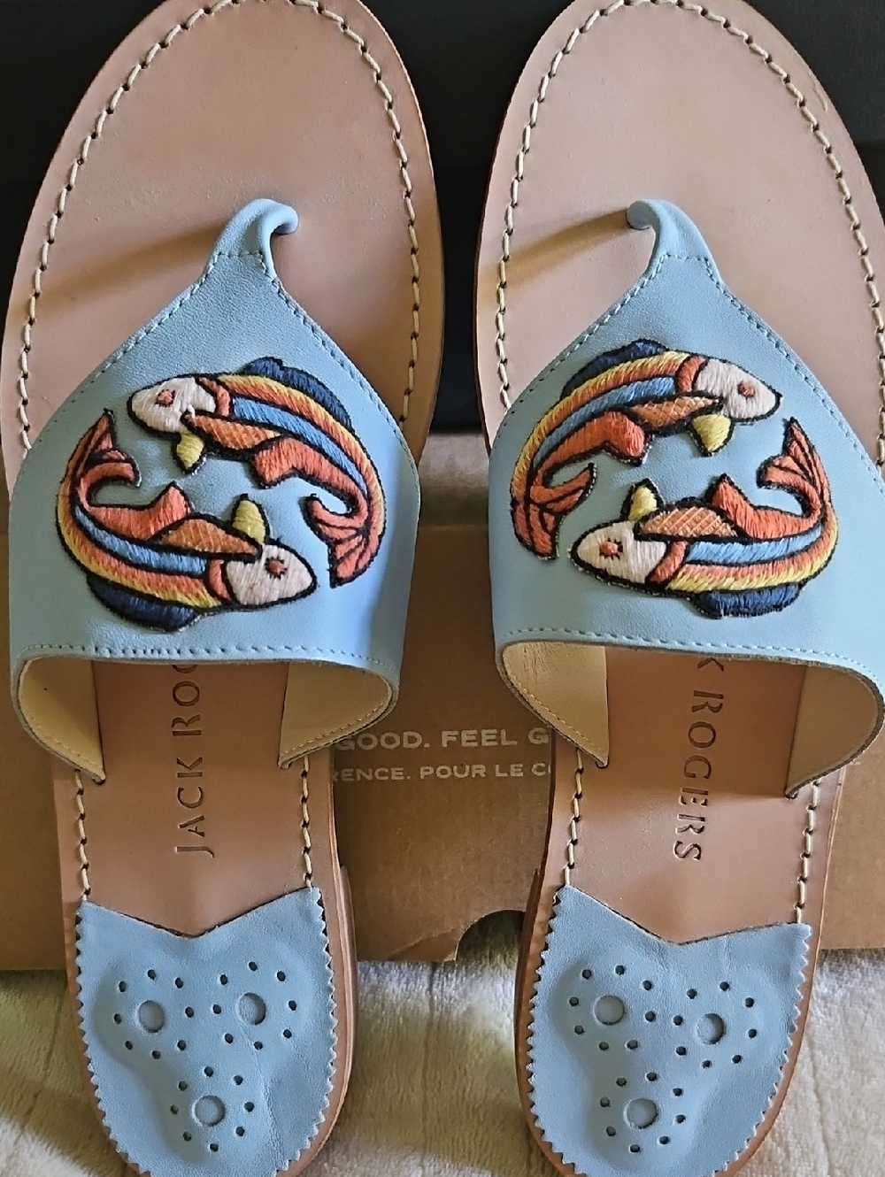 Jack Rogers Light Blue Leather Kimmie Sandals with Colorful Fish Embroidery - Picture 2 of 4